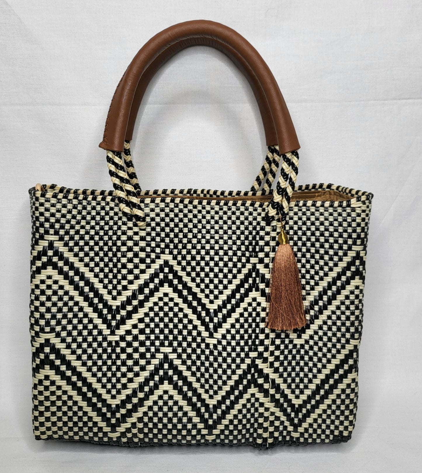 Lola Mini Bag - Black and Beige Chevron Zipper