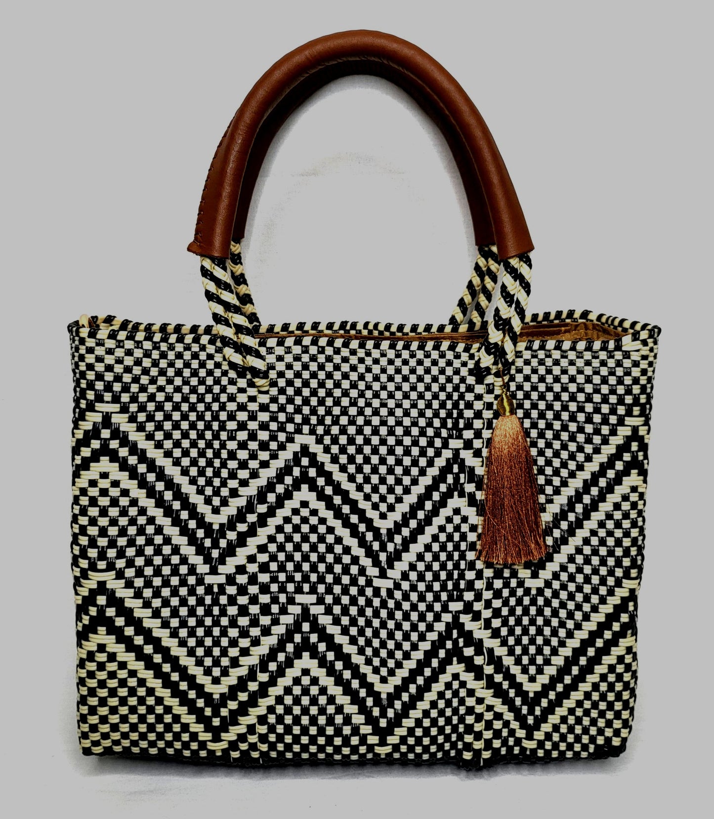 Lola Mini Bag - Black and Beige Chevron Zipper
