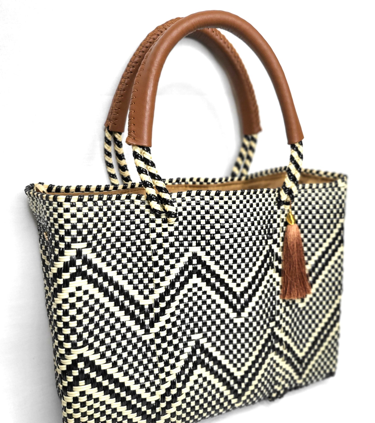 Lola Mini Bag - Black and Beige Chevron Zipper