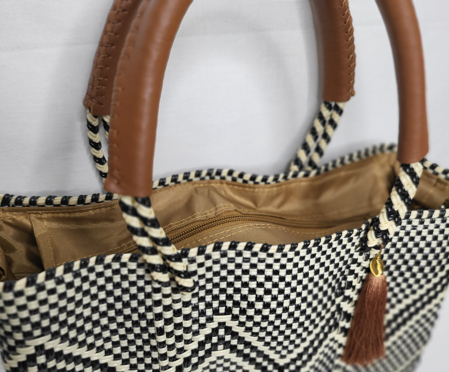 Lola Mini Bag - Black and Beige Chevron Zipper