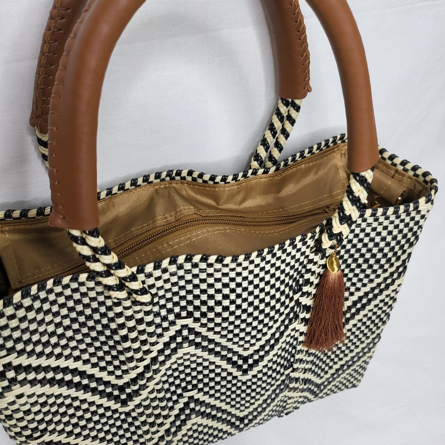 Lola Mini Bag - Black and Beige Chevron Zipper