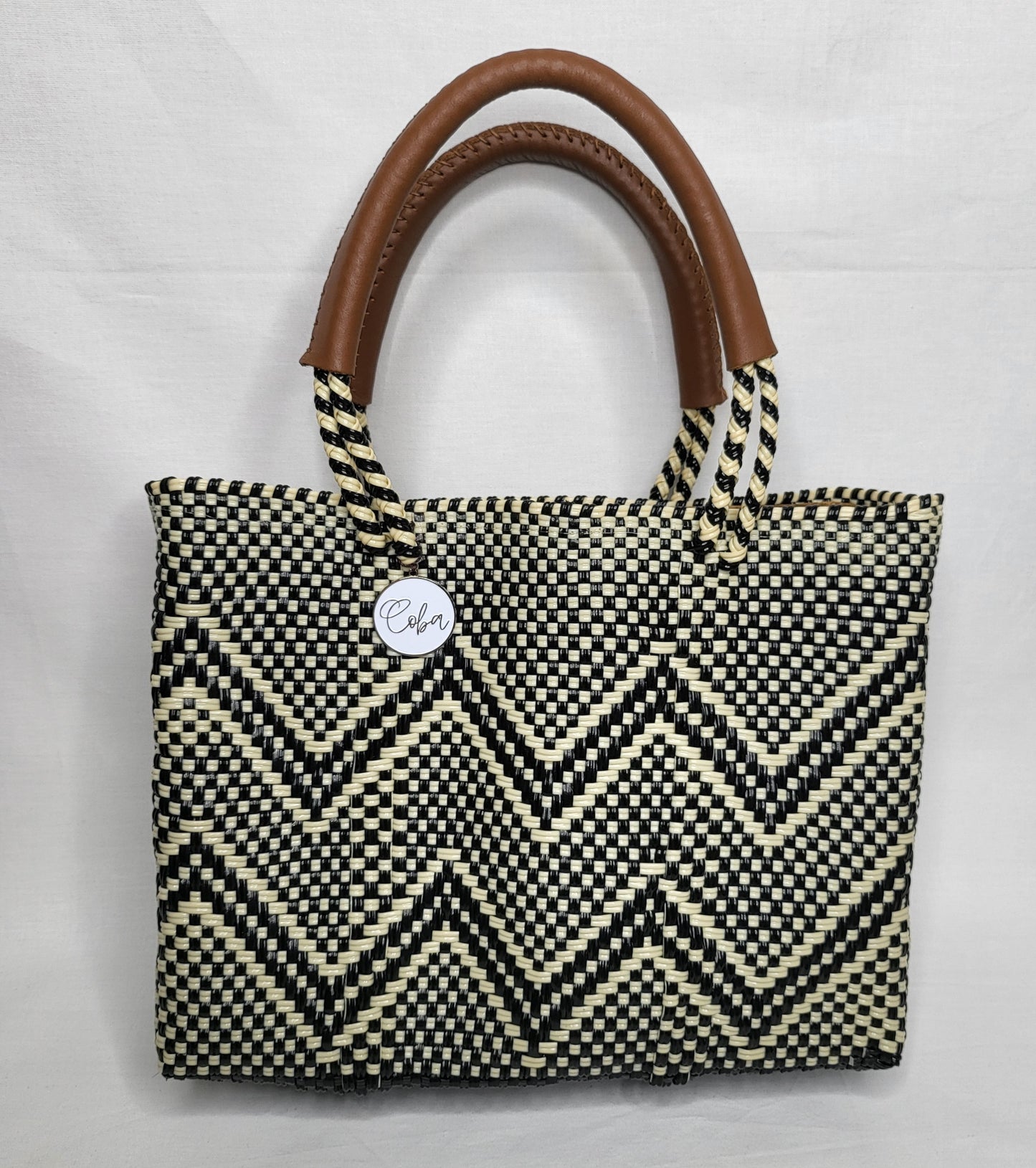 Lola Mini Bag - Black and Beige Chevron Zipper
