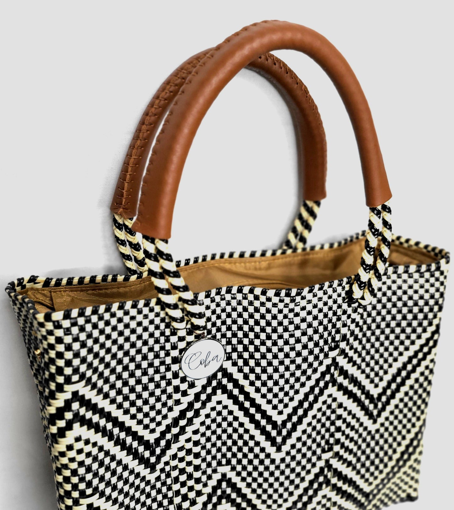 Lola Mini Bag - Black and Beige Chevron Zipper