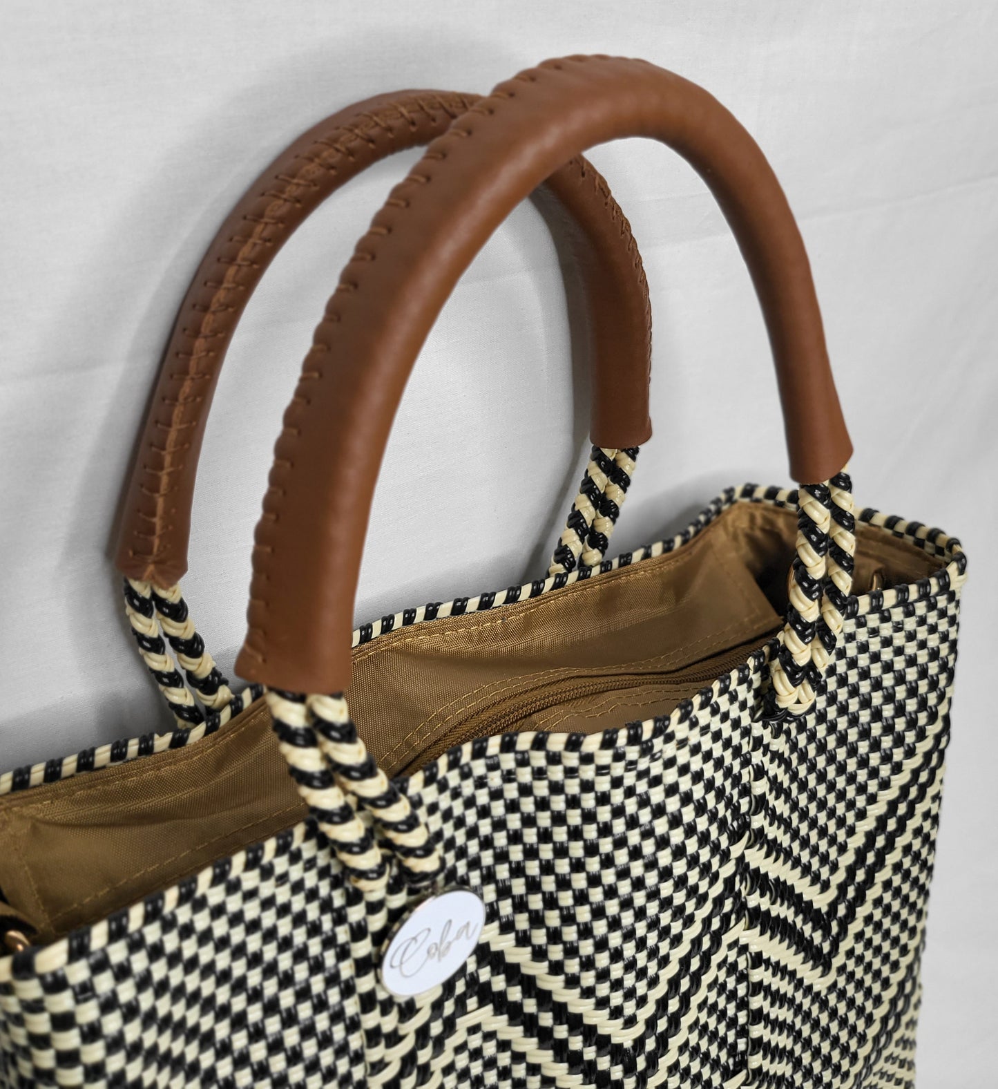 Lola Mini Bag - Black and Beige Chevron Zipper