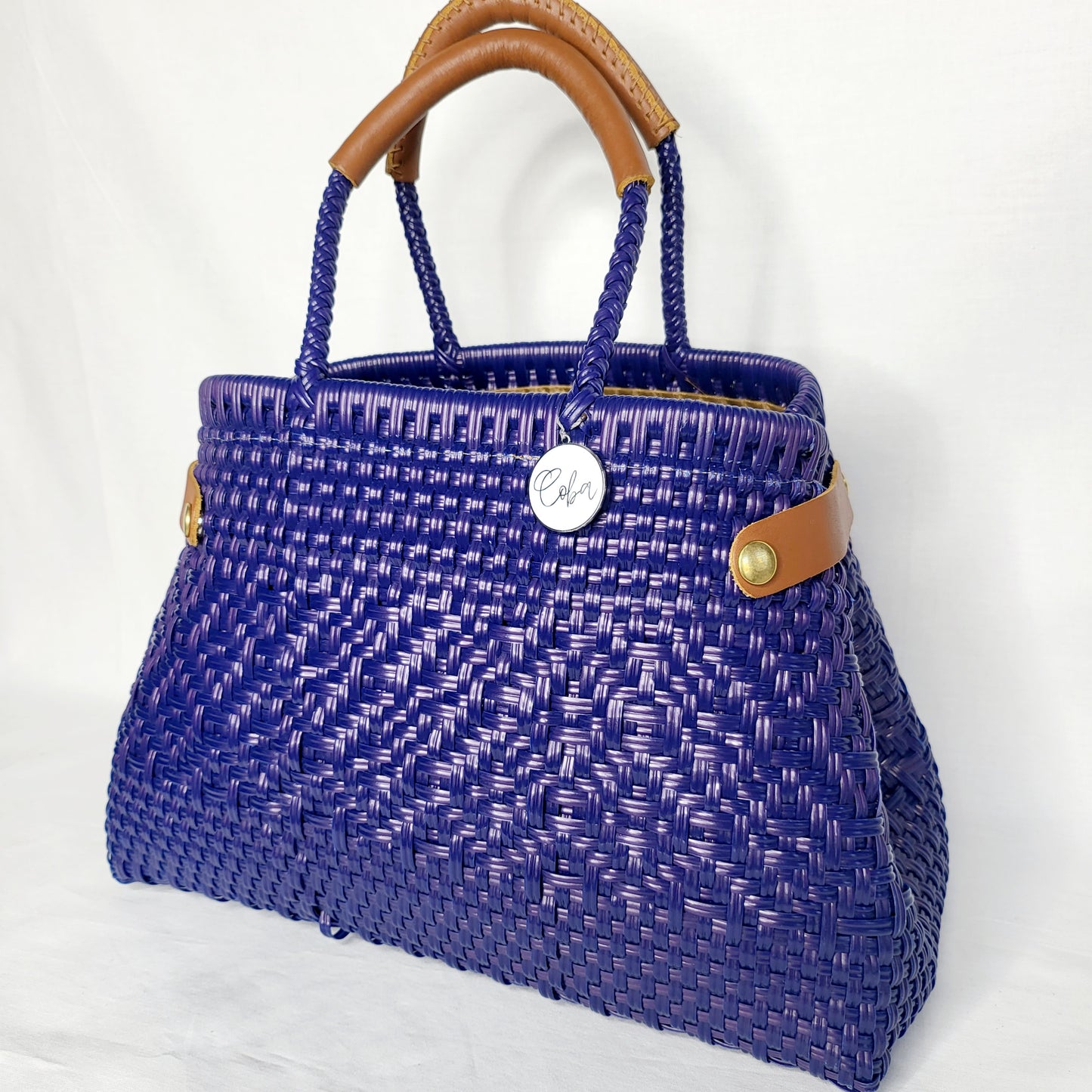 Lola Bucket Bag - Royal Blue Weave with Tan Handle