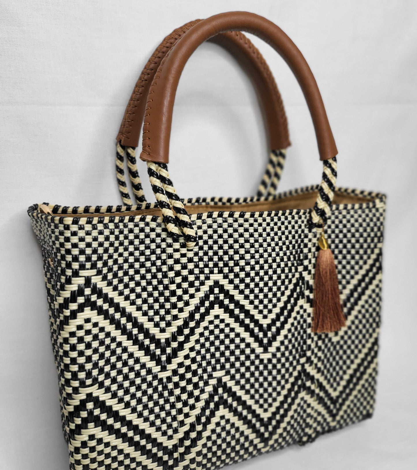 Lola Mini Bag - Black and Beige Chevron