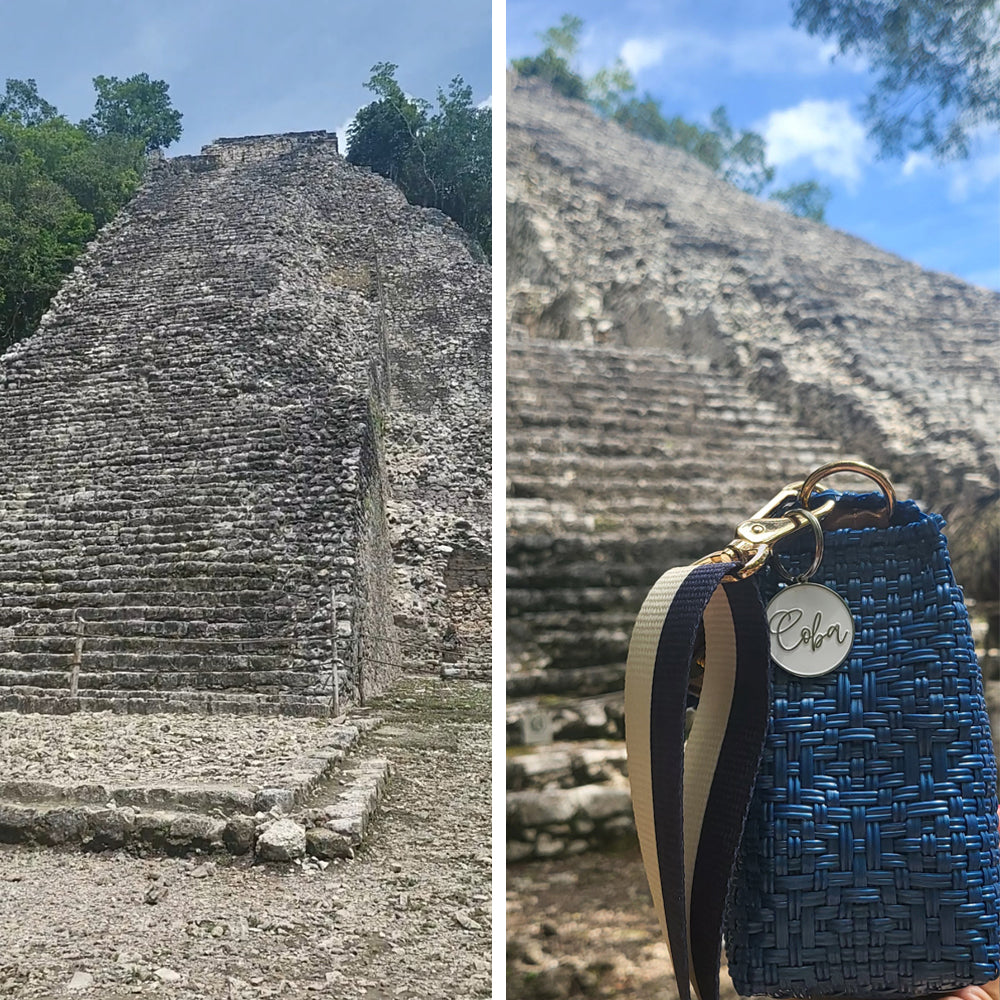Cobá pyramid in Mexico with blue woven Coba handbag in foreground