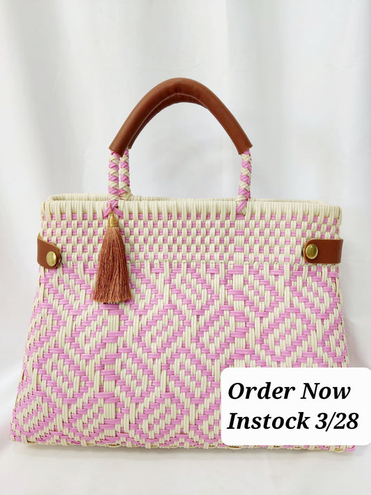 Lola Bucket Bag - Pink/Creme with Tan Handle