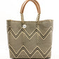 Brown, cream, and tan chevron pattern woven bucket tote made from recycled plastics and featuring tan leather handles and silver Coba logo medallion