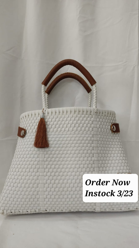 Lola Bucket Bag - White with Tan Handle