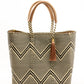 Brown, cream, and tan chevron pattern woven bucket tote made from recycled plastics and featuring tan leather handles and tassel detail