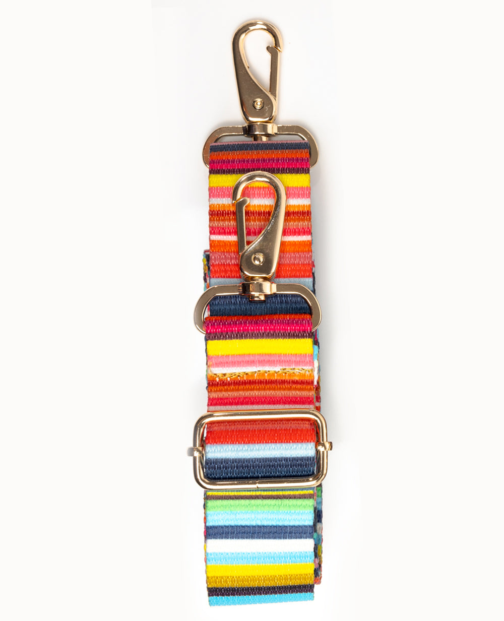 Colorful striped purse strap with gold hardware