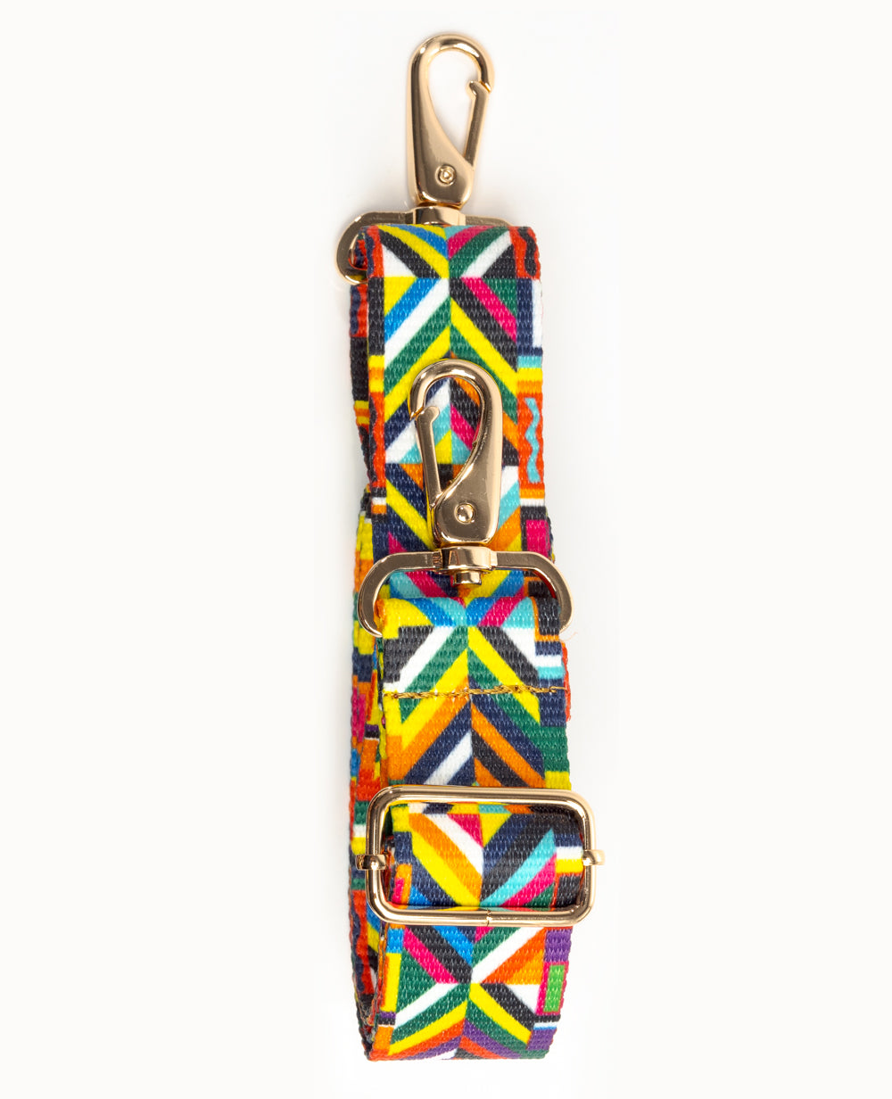 Rainbow geometric patterned purse strap with gold hardware