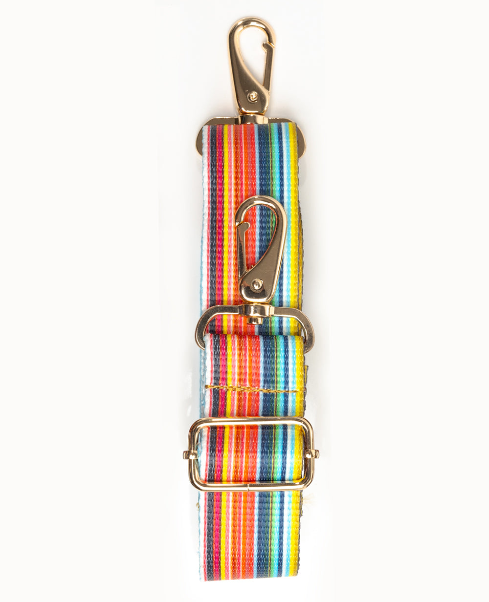 Vertical striped rainbow purse strap with gold hardware